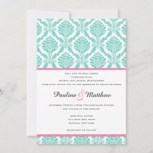 Convite Casamento tema damasco Rosa Turquesa Chic