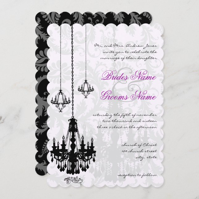 Convite casamento tema damasco Sombra Preto de Chandeliers (Frente/Verso)