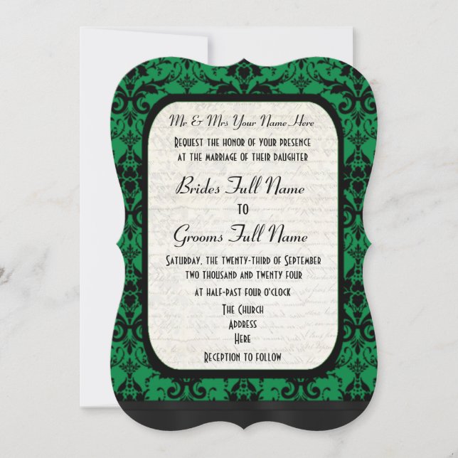 Convite Casamento tema damasco verde e preto (Frente)