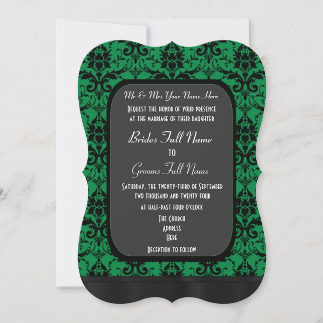 Convite Casamento tema damasco verde e preto (Frente)
