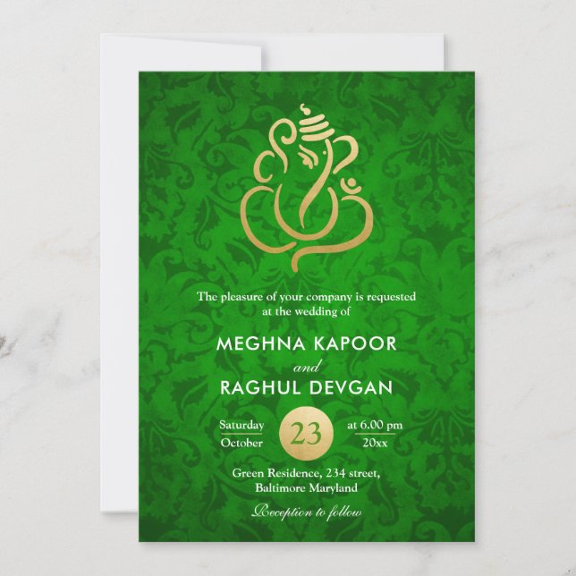 Convite Casamento tema damasco Verde Ganesha/Indian Faux G (Frente)