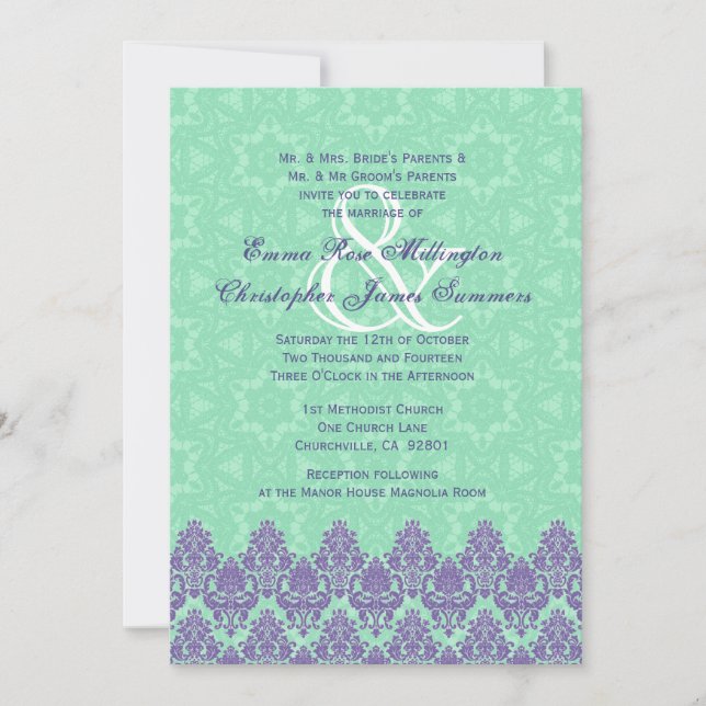 Convite Casamento tema damasco verde V12 roxo e da hortelã (Frente)