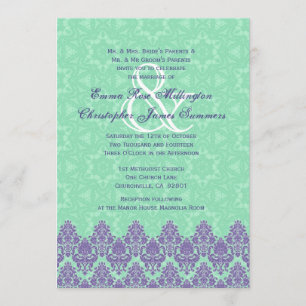 Convite Casamento tema damasco verde V12 roxo e da hortelã