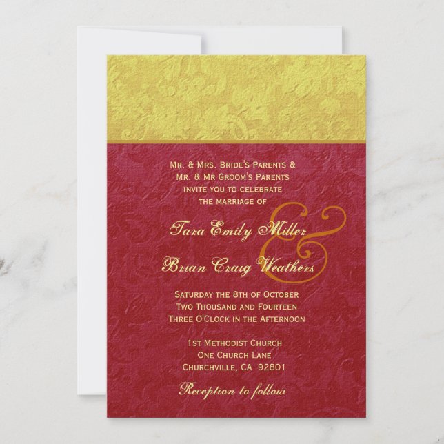 Convite Casamento tema damasco vermelho e Dourado TS211 (Frente)