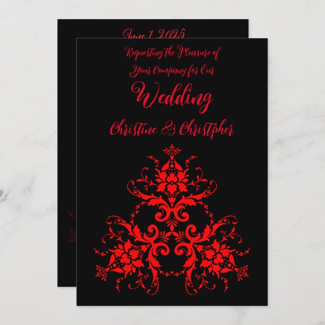 Convite Casamento tema damasco Vermelho Romântico, Elegant (Frente/Verso)