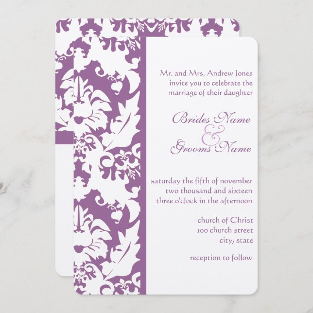 Convite Casamento tema damasco Victoriano Roxo Elegante (Frente/Verso)