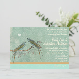 Convite Casamento tema damasco Vintage Mint Green Lovebird