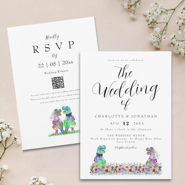 Convite Casamento Tema Dinossauro Boho Flor Silvestre (Boho wildflower dinosaur wedding invitation with qr code)