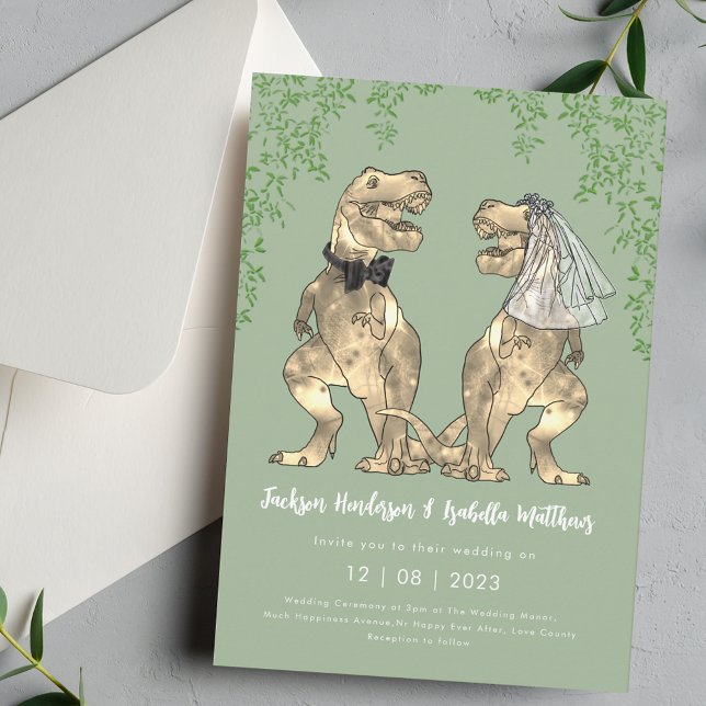 Convite Casamento Tema Dinossauro Verde Salvia (Dinosaur T-Rex bride and groom sage green and white wedding invitation Funny T-Rex bride and groom )