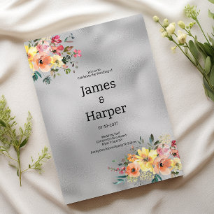 Convite Casamento tema floral laranja rosa prata menta