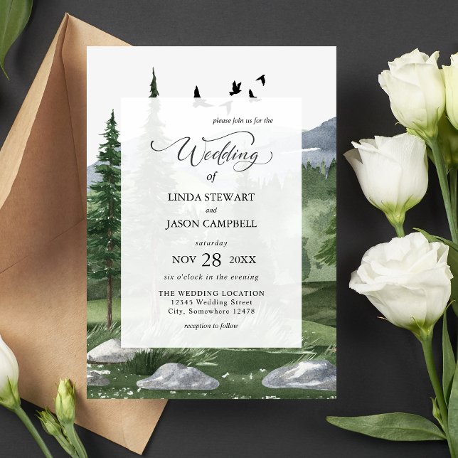 Convite Casamento Temático de Aquarela Rústica da Floresta (Rustic pine forest watercolor invitation sets a calm, nature-inspired tone for your wedding.)