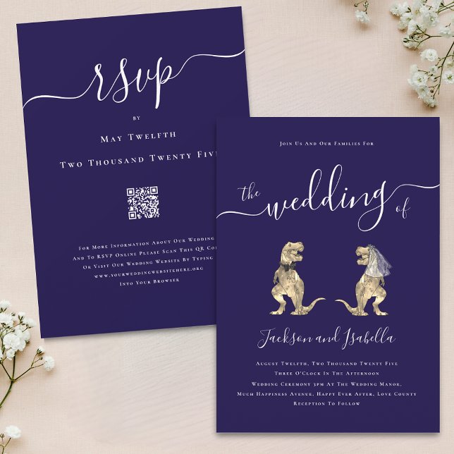 Convite Casamento Temático de Dinossauro Azul Marinho Bran (Dinosaur theme wedding qr code navy blue and white invitation Elegant script T-Rex bride and groom)
