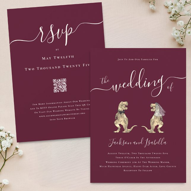 Convite Casamento Temático de Dinossauro Borgonha Creme Có (Dinosaur theme wedding qr code burgundy cream invitation elegant script T-Rex dino bride and groom )