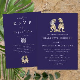 Convite Casamento Temático de Dinossauro Código QR Azul Ma