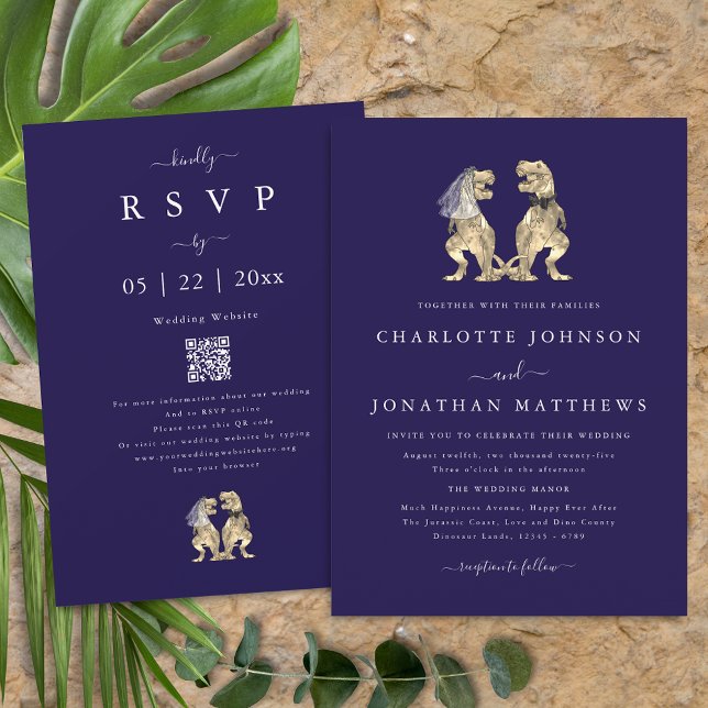 Convite Casamento Temático de Dinossauro Código QR Azul Ma (Dinosaur theme wedding qr code navy blue white invitation  T-Rex dino bride & groom modern elegant )