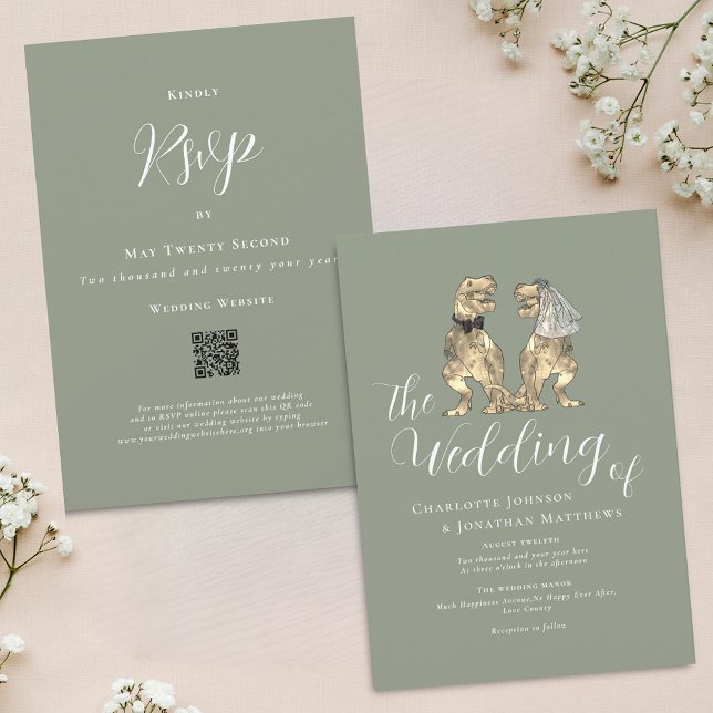 Convite Casamento Temático de Dinossauro Código QR Verde S (Dinosaur theme sage green wedding qr code invitation funny T-Rex dino bride and groom elegant script)