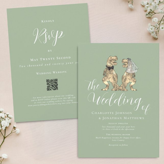 Convite Casamento Temático de Dinossauro Código QR Verde S (Dinosaur theme wedding sage green and white QR Code invitation Fun T-Rex dino bride and groom modern)