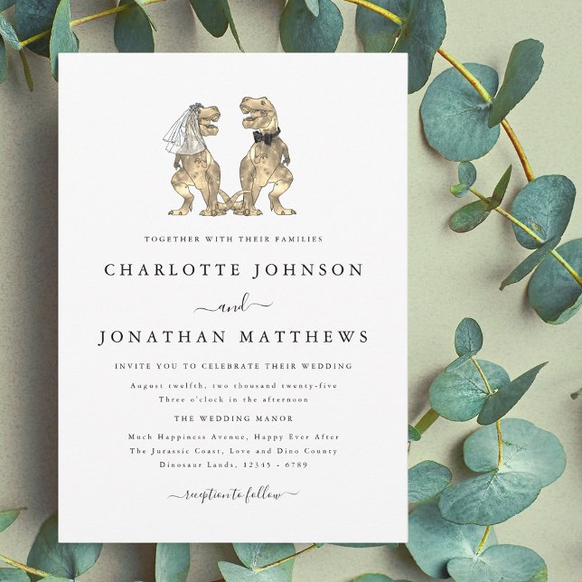 Convite Casamento Temático de Dinossauros (dinosaur theme wedding black and white invitation elegant modern T-Rex dino bride and groom)