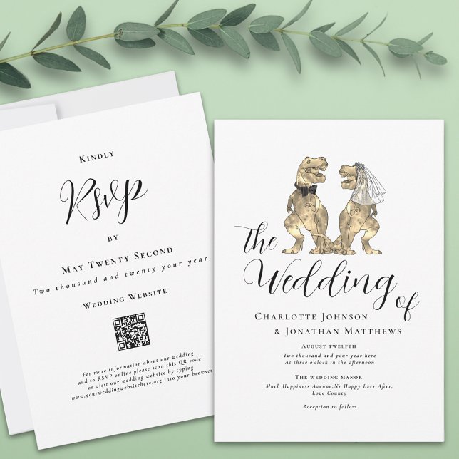 Convite Casamento Temático de Dinossauros (T-Rex bride and groom funny dinosaur wedding website qr code invitation Modern elegant script)