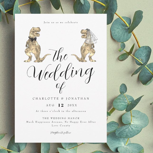 Convite Casamento Temático de Dinossauros (Dinosaur theme wedding elegant modern script invitation funny T-Rex dino bride and groom)