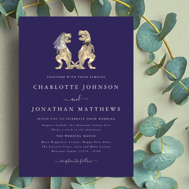 Convite Casamento Temático de Dinossauros Azul Marinho (Dinosaur theme wedding navy blue & white invitation elegant modern fun T-Rex dino Bride and groom)