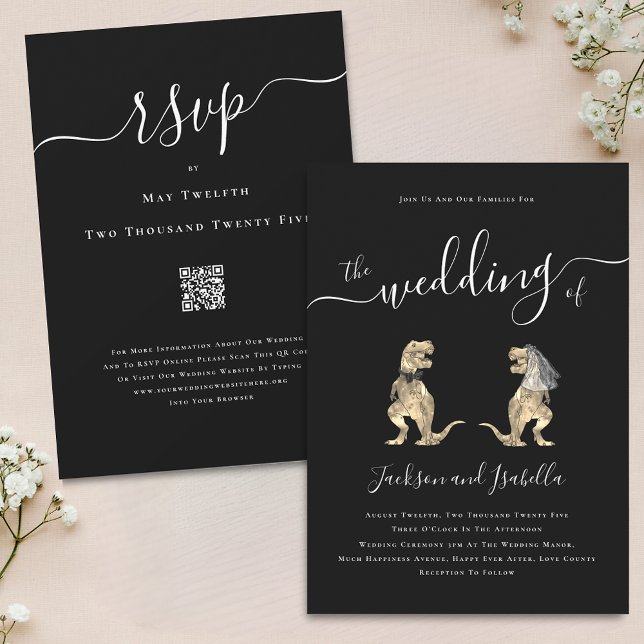 Convite Casamento Temático de Dinossauros Código QR Preto  (Dinosaur theme black and white wedding qr code invitation Elegant modern script T-Rex bride & groom)