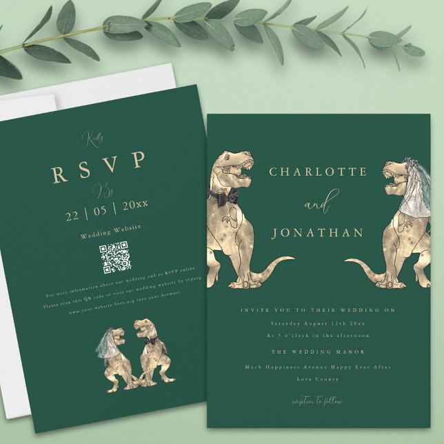 Convite Casamento Temático de Dinossauros código QR Verde (Dinosaur theme wedding dark green invitation Funny T-Rex bride and groom modern Jurassic wedding )