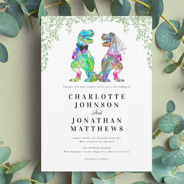Convite Casamento Temático de Dinossauros Coloridos (Colorful dinosaur theme wedding invitation with modern script and watercolor foliage)