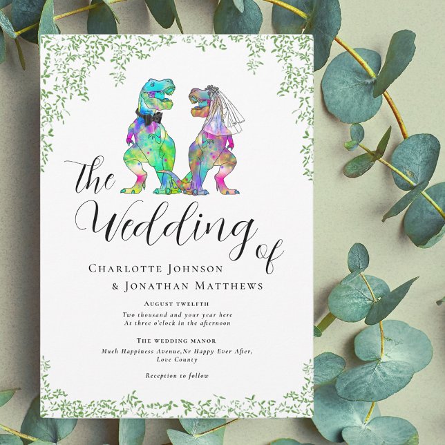 Convite Casamento Temático de Dinossauros Coloridos (Dinosaur theme wedding invitation with script and watercolor botanical greenery)