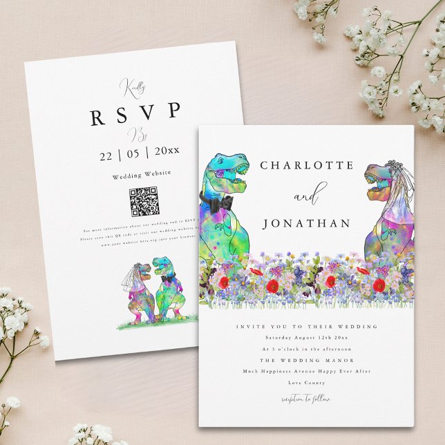 Convite Casamento Temático de Dinossauros com Flores Silve (Boho colorful wildflower dinosaur wedding invitation )