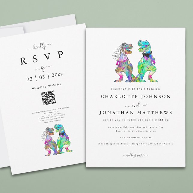 Convite Casamento Temático de Dinossauros Minimalista (Simple dinosaur theme wedding invitation with colorful watercolor T-Rex bride and groom)