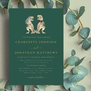 Convite Casamento Temático de Dinossauros Verde Dourado