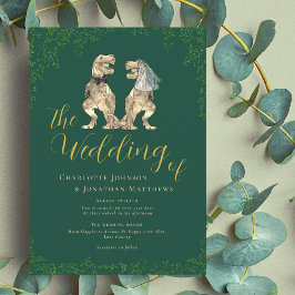 Convite Casamento Temático de Dinossauros Verde e Dourado