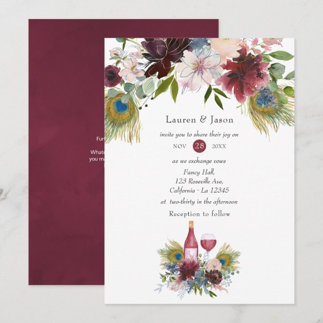 Convite Casamento Temático de Vinho com Pavão em Borgonha  (Frente/Verso)