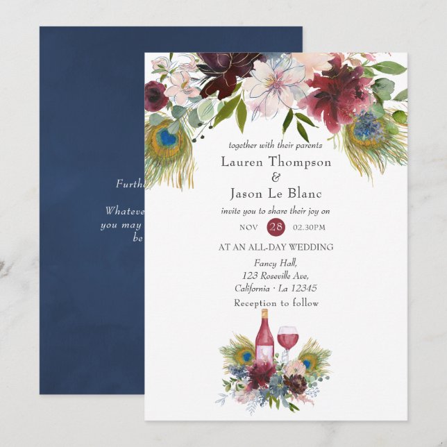 Convite Casamento Temático de Vinho com Pavão em Borgonha  (Frente/Verso)