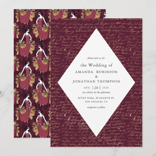 Convite Casamento Temático Paris Burgundy e Dourado com Ca (Frente/Verso)