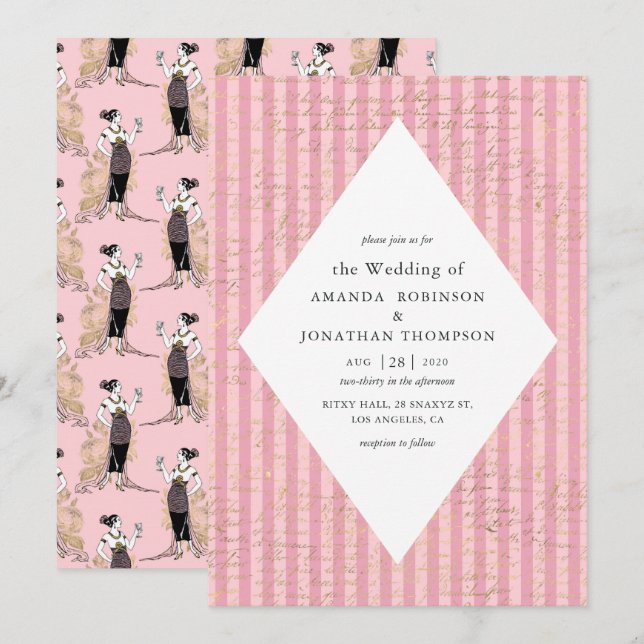 Convite Casamento Temático Parisiense com Caligrafia Rosa  (Frente/Verso)