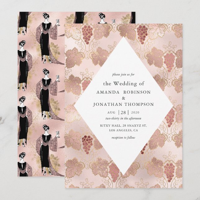 Convite Casamento temático Vinho Francês Rosa Dourado e Be (Frente/Verso)