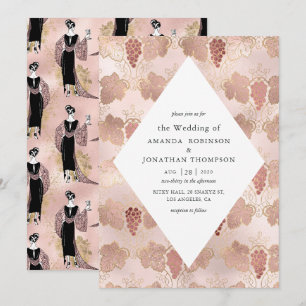 Convite Casamento temático Vinho Francês Rosa Dourado e Be