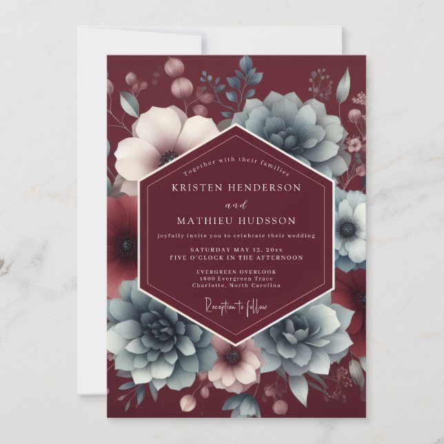 Convite Casamento Temperamental em Slate Burgundy (Frente)
