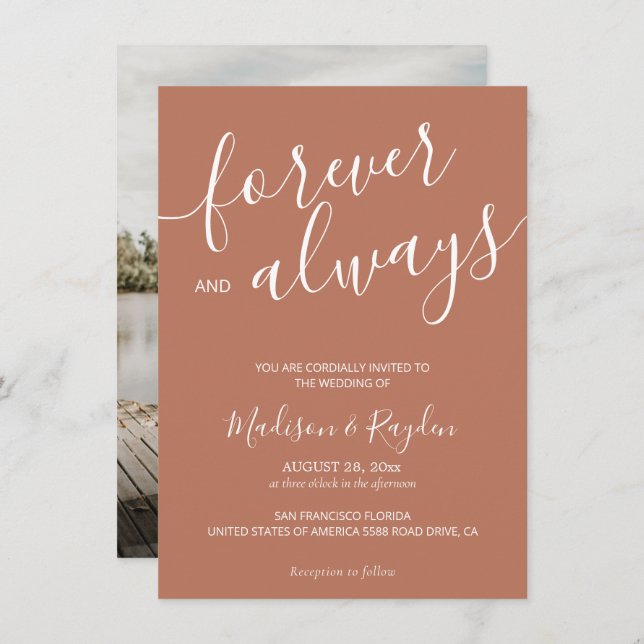 Convite Casamento Terraço de Caligrafia Elegante (Frente/Verso)