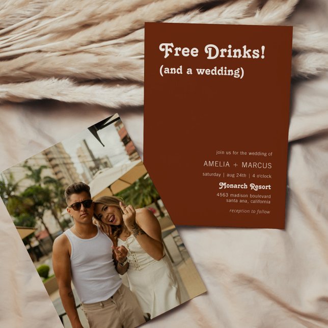 Convite Casamento Terracota com Bebidas Grátis Retro Moder (Criador carregado)
