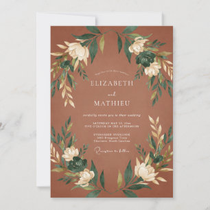 Convite Casamento Terracota com Folhas em Creme Quente