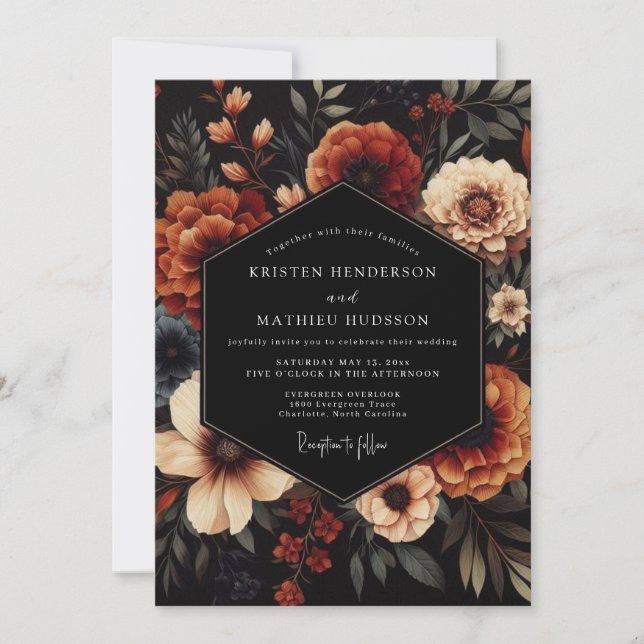 Convite Casamento Terracota Noir Bloom (Frente)