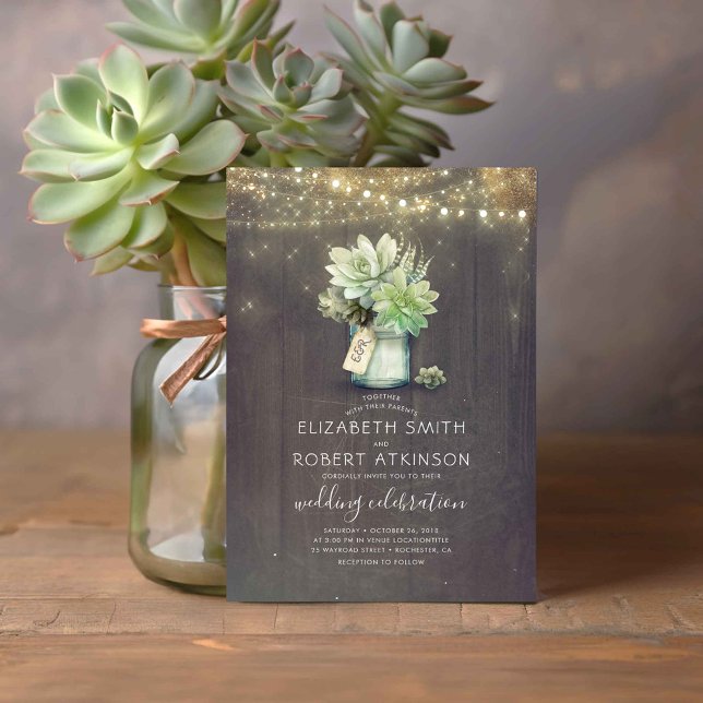 Convite Casamento Terrestre Buquê Russo Mason Jar (Succulents Mason Jar Vase Cute Rustic Country Wedding Invitation)