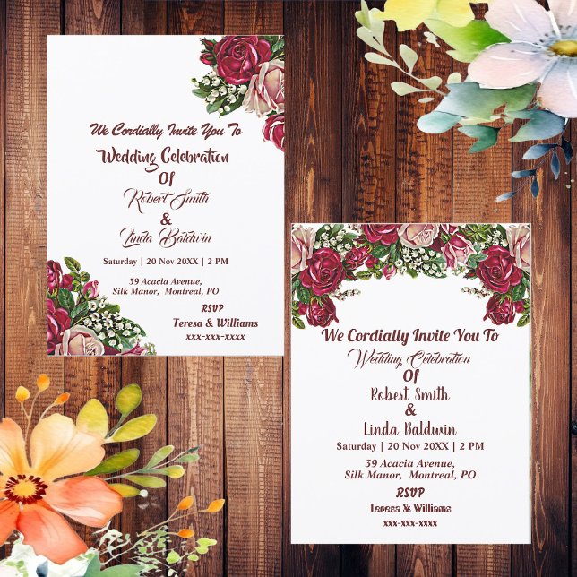 Convite Casamento Terrestre Rosas Rústicos Burgundy (Burgundy Red Rustic Roses Garland Country Wedding Invitation)