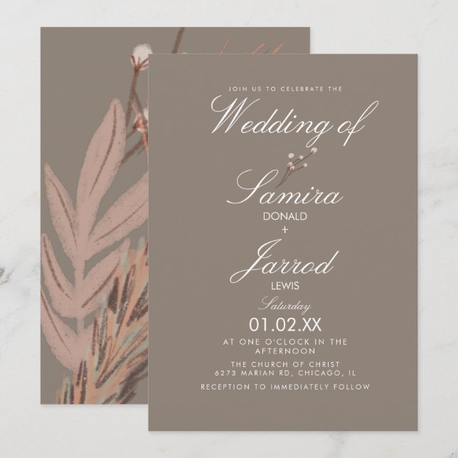 Convite Casamento Terroso de Algodão Pampas Moderno (Frente/Verso)