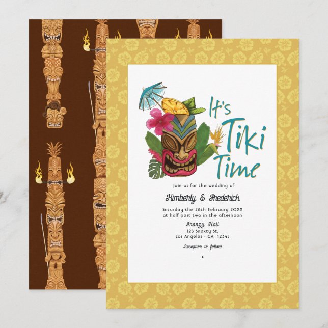 Convite Casamento Tiki Tropical Divertido (Frente/Verso)