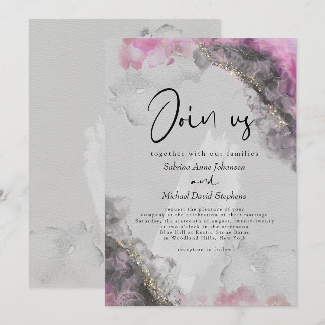 Convite CASAMENTO | Tinta Alcoólica Abstrata Rosa e Ônix (Frente/Verso)
