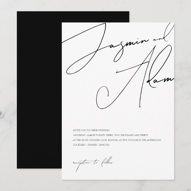 Convite Casamento Tipografia Script Preto Branco Minimalis (Frente/Verso)